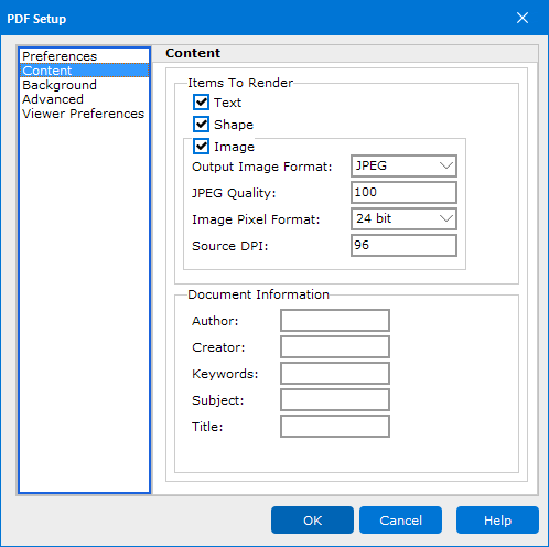 The Content screen in the PDF Setup dialog